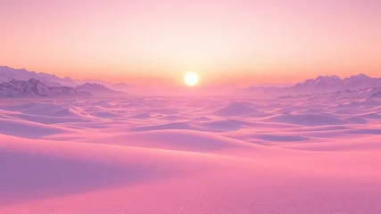 Fototapeten Serene pink sunrise over a vast, rolling landscape of snow-covered dunes with distant mountain peaks. © ftltanicky
