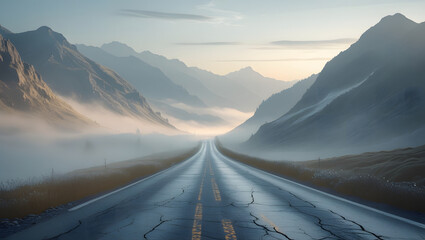 A peaceful, winding mountain road stretches into the distance, surrounded by towering hills and a gentle blanket of morning fog. The cracked asphalt and serene misty landscape evoke a sense of solitud