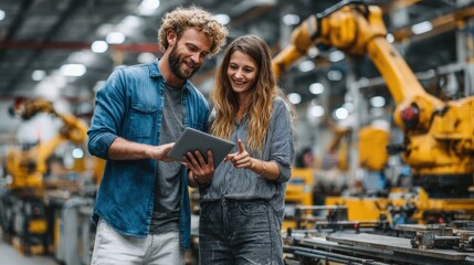 Two professionals discussing data on a tablet in a modern manufacturing facility with robotic arms