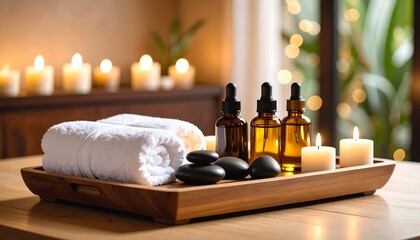 Relaxing Spa Treatment Hot Stone Massage Oils and Candles on Wooden Tray