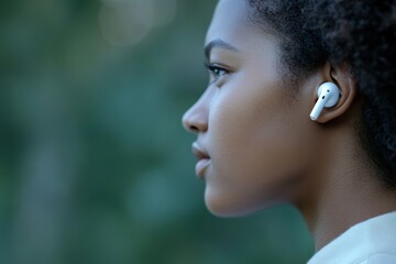 Focused Woman Listening with Wireless Earbuds Outdoors
