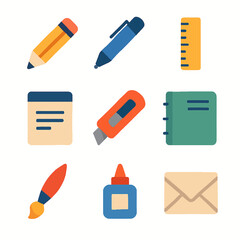Flat vector icons of stationery items including pencil, pen, ruler, and notebook