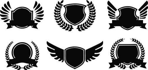 Minimalistic Vector Symbols,Shields,Laurel Wreaths, Wings, and Ribbons,Elegant Vector Icons,Wings,shield with wings vector illustration,Wings flat icon,minimal silhouette,banners for logo design set,A