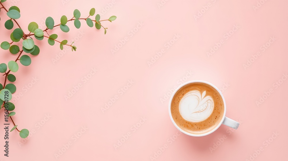 Fototapete coffee with latte art and botanical element on a soft, monochromatic background providing ample spac