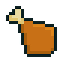 Fried chicken drumstick illustrated in retro 8 bit pixel art style isolated on white background. A nostalgic food emoji perfect for games, mobile interfaces, fast food branding and digital food design