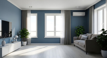 Modern living room with blue walls large windows and comfortable sofa