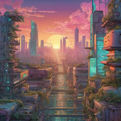 Retro-Futuristic Dystopian Metropolis in Pastel Art Style