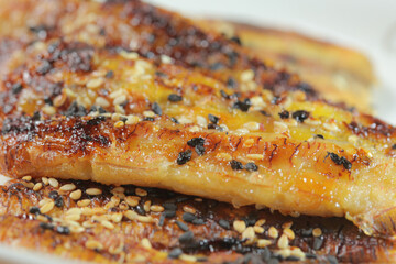 Thai grilled bananas serve with honey or coconut caramel syrub. Selective focus and free space for...