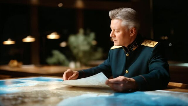 Soviet Officer Analyzing War Map in Command Center