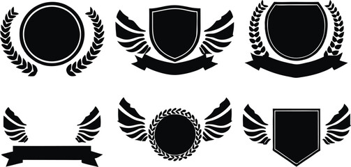Minimalistic Vector Symbols,Shields,Laurel Wreaths, Wings, and Ribbons,Elegant Vector Icons,Wings,shield with wings vector illustration,Wings flat icon,minimal silhouette,banners for logo design set,A