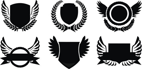 Minimalistic Vector Symbols,Shields,Laurel Wreaths, Wings, and Ribbons,Elegant Vector Icons,Wings,shield with wings vector illustration,Wings flat icon,minimal silhouette,banners for logo design set,A