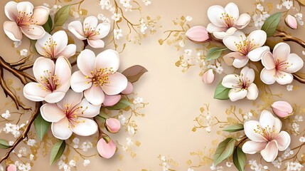 Elegant White Blossom Flowers on Beige Gold Background