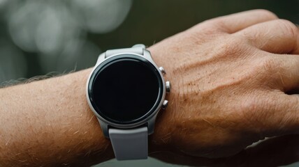 A smartwatch on a wrist, featuring a circular design and a minimalist aesthetic, with a blurred background highlighting its sleek appearance.