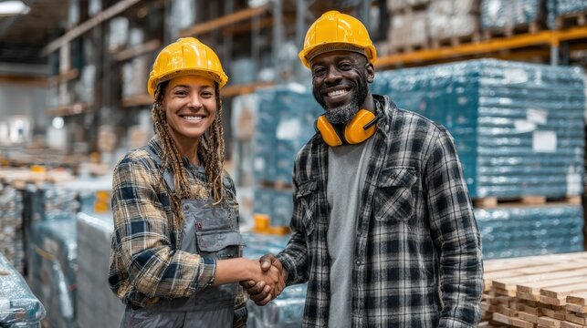 Two smiling warehouse workers shaking hands in a busy storage facility with pallets in background