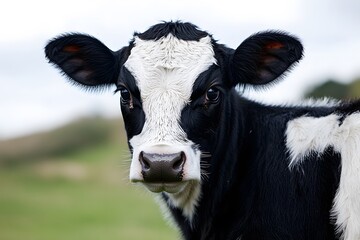 Adorable Black and White Calf Close Up Portrait in Pasture