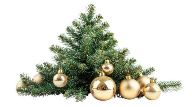 Christmas tree with layered green branches and shiny baubles in gold Transparent background, PNG - Powered by Adobe