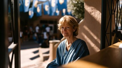Supportive Friend at School Event with Courtyard and Flags
