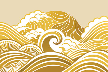 Japanese gold wave background vector. Wallpaper design with gold and white ocean wave pattern backdrop. 