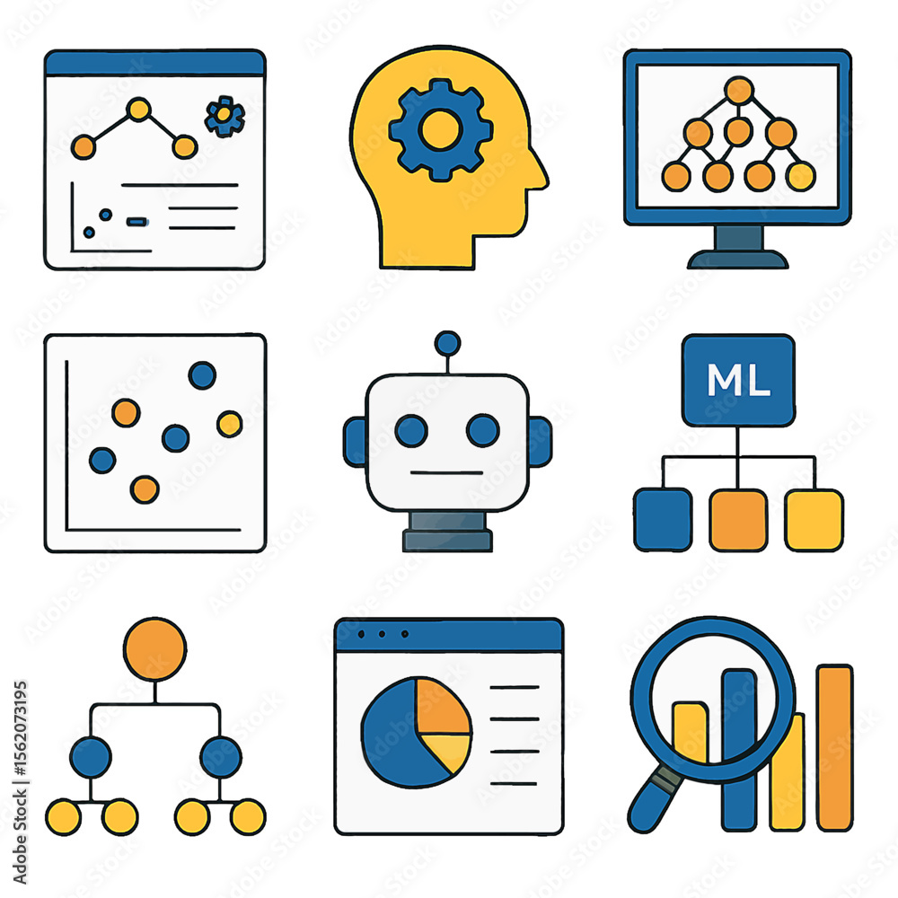 Poster machine learning icons displaying data analysis and artificial intelligence concept design