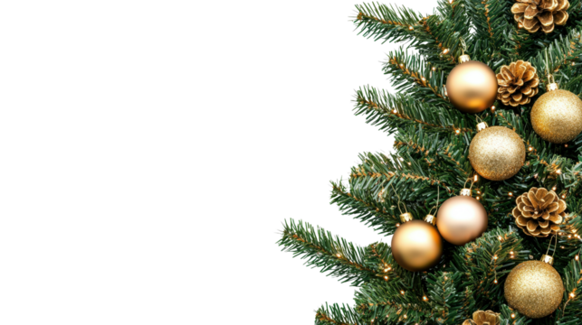 Christmas tree with layered green branches and shiny baubles in gold Transparent background, PNG