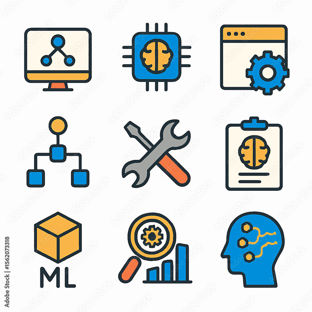 Poster machine learning vector icons showcasing artificial intelligence and data analysis