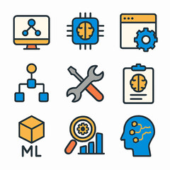 Machine learning vector icons showcasing artificial intelligence and data analysis
