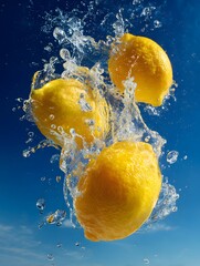 Three lemons splashing in water against a blue sky background
