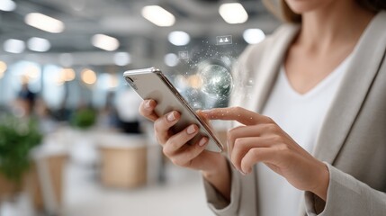 Hands engage with a smartphone displaying CRM software and digital security features in a light grey-blue office backdrop