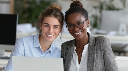 Two women collaborating in a modern office, smiling at the camera while working on a laptop
