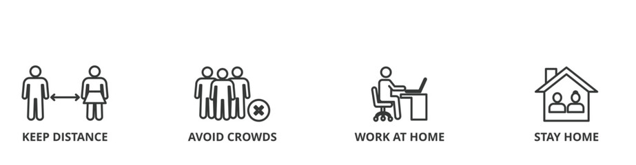Social distancing banner web icon vector illustration concept with icon of keep distance, avoid crowds, work at home and stay home