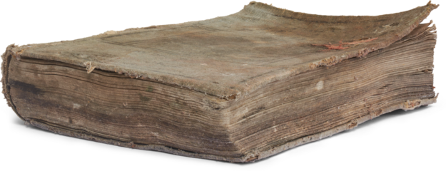 close-up of old torn book isolated white background, discolored and ruined book with frayed edges side view