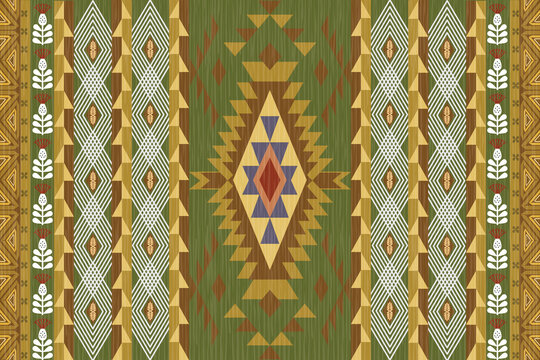 A vibrant Ikat-inspired floral geometric seamless pattern with tribal and ethnic elements, perfect for textile, pillow, and fashion design. The colorful symmetrical motifs blend traditional craft 