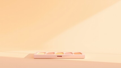 Minimalist presentation of pastel colored containers on a warm backdrop with a soft light ray