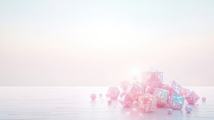 Glittering geometric shapes scattered on a clean, elegant surface with soft pastel colors creating a dreamy and magical atmosphere