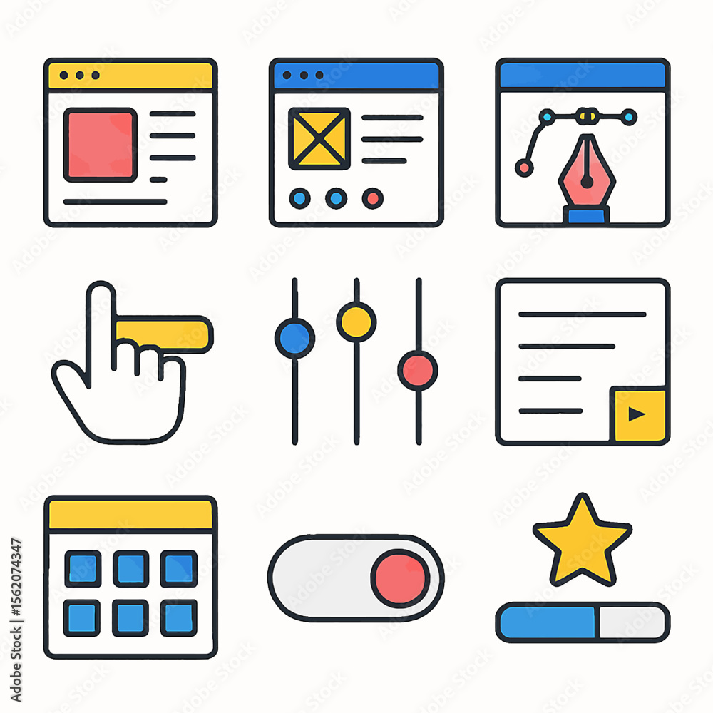 Poster modern ui elements icon set featuring website, cursor, slider, and calendar in vector format