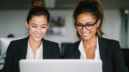 Two women in business attire collaboratively working on a laptop in a modern office setting