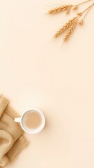Cozy composition featuring coffee with burlap and wheat stalks against a plain backdrop, ideal for warm seasonal designs