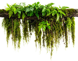 Horizontal Jungle Vine with Hanging Leaves and Moss, Transparent Background. 