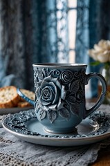 Decorative blue rose-patterned coffee cup with saucer on table setting for cozy beverage photography