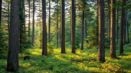 Obraz premium Pine trees in the forest with evening light filtering through