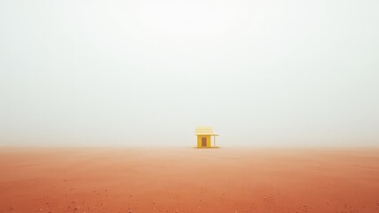 A solitary yellow structure standing in a wide expanse under an overcast, misty sky