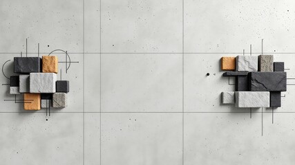 Abstract arrangement of stone cubes with geometric lines on textured background showcases creative construction and material contrast.