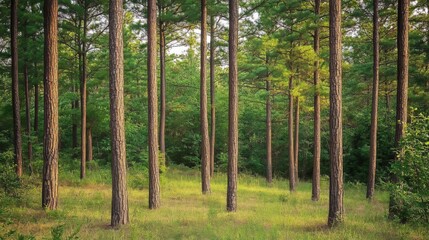 Pine trees in the forest with evening light filtering through
