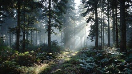 Obraz premium Sunbeams in misty woodland