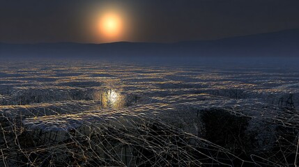 Martian landscape featuring intricate crystalline web structures catching the low sun like shimmering diamond networks, creating a futuristic and surreal vision of an alien world,science fiction idea