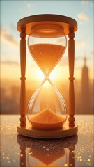 Hourglass with Shiny Grains Depicting Time Passing Against a Warm Hued Sky and Distant Skyline