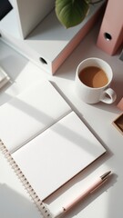 Minimalist Desk Setup Featuring Open Notebook, Pen, Coffee, and File Folders in Bright Sunlight for a Clean and Organized Workspace