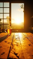 Steaming beverage resting on rustic wooden table with warm sunlight streaming through window, creating a tranquil, comfortable, and inviting atmosphere