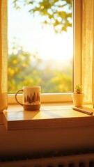 Mug with trees design sitting by bright sunny window, alongside potted plant and pen, creating a peaceful atmosphere