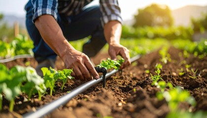 Farmer Watering Plants In Garden
